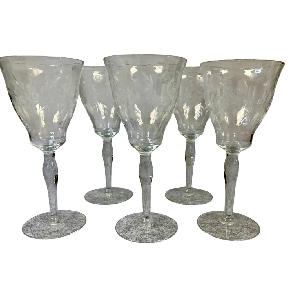 Vintage Etched Floral Crystal Wine Goblets Set of 5 Clear Glass Stemware‎ 7.25in